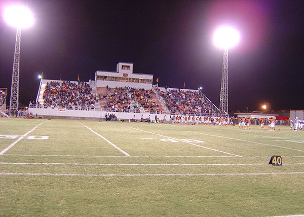 Badger Stadium in McCamey, Texas.  This would have been a good shot except when taking photos in low light you must hold the camera very steady.