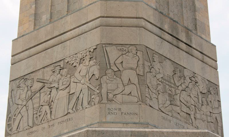 The friezes around the base of the shaft depict eight important episodes in the history of the Republic of Texas.  The carvings were designed by William McVey.