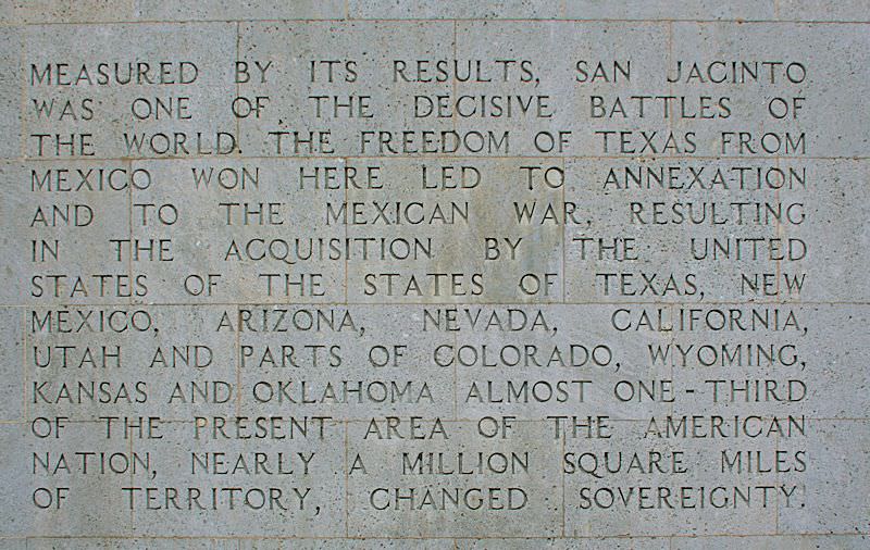 An example of the story of the birth of Texas inscription on the base of the monument: Panel Eight