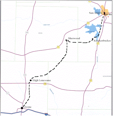 Probable Route of the Ozona - San Angelo Mail Route Superimposed on a modern 
highway map